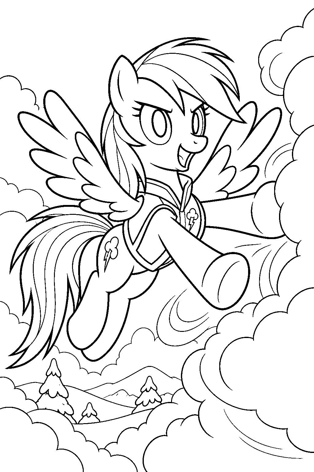 my little pony rainbow dash wearing her weather team vest and clearing snow clouds during winter wrap up line art