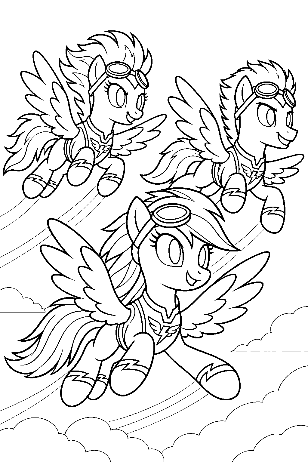 my little pony rainbow dash wearing her wonderbolts uniform and flying in formation with spitfire and soarin line art