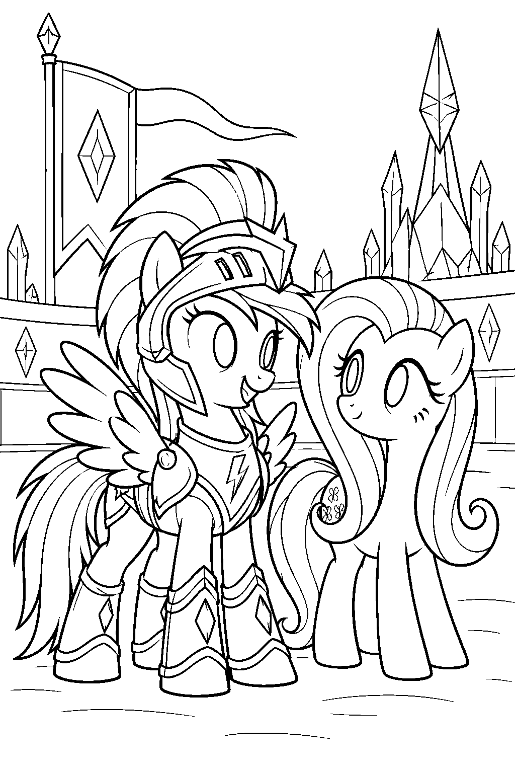 my little pony rainbow dash wearing jousting knight armor beside fluttershy at the crystal empire arena line art