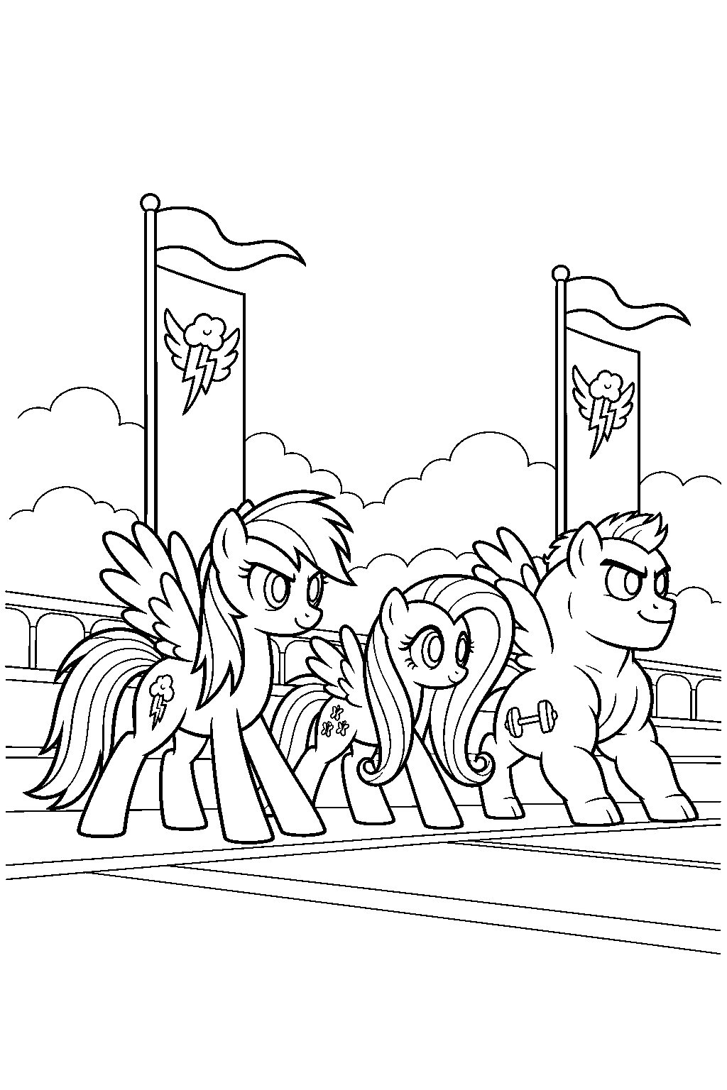 my little pony rainbow dash with fluttershy and bulk biceps at the equestria games aerial relay starting line line art