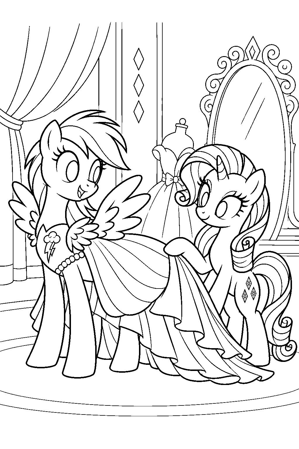 my little pony rainbow dash with rarity fitting her rainbow skirted grand galloping gala dress at carousel boutique line art