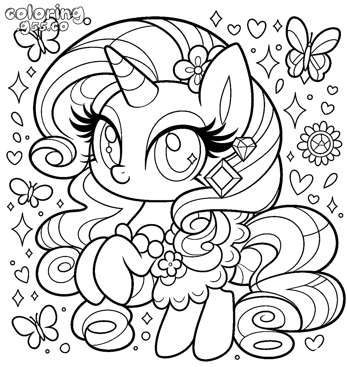 chibi my little pony rarity glamour unicorn diamonds butterflies line art