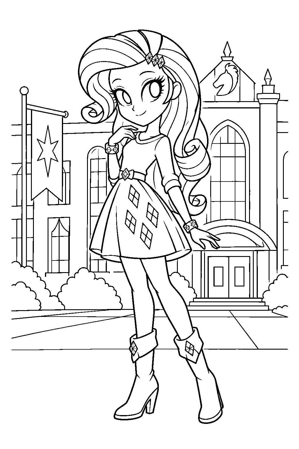 my little pony equestria girls rarity wearing her diamond patterned skirt at canterlot high line art