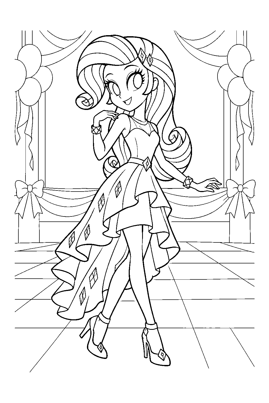 my little pony equestria girls rarity wearing her fall formal dress on the dance floor line art