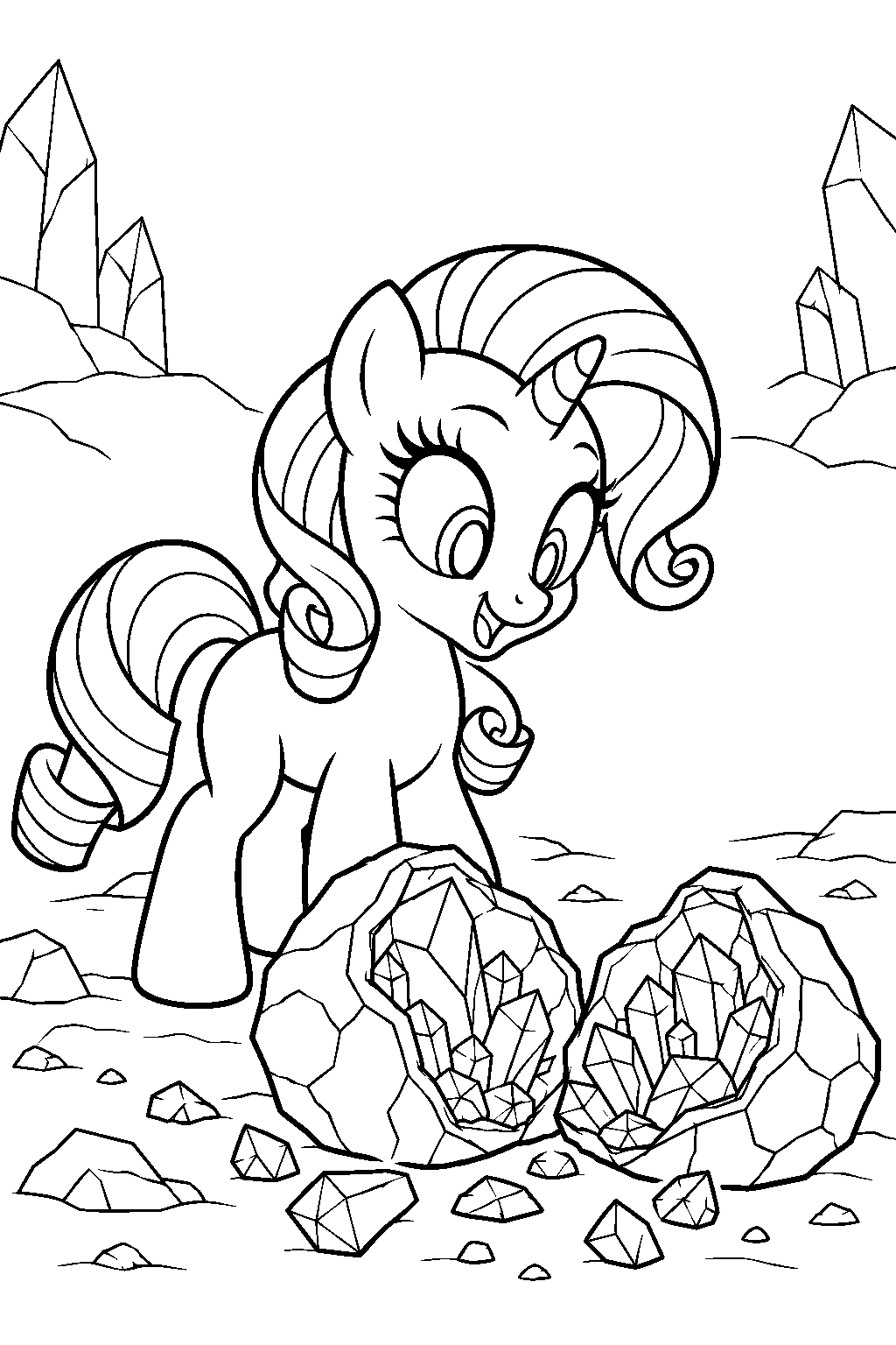 my little pony filly rarity discovering gemstones inside a split geode line art