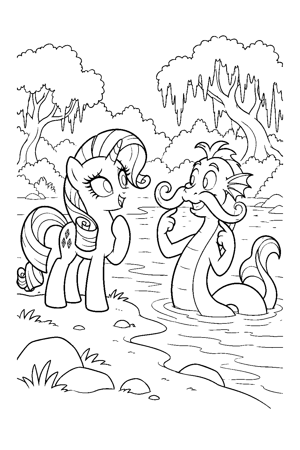 my little pony rarity admiring steven magnet s restored mustache beside the ever forest river line art