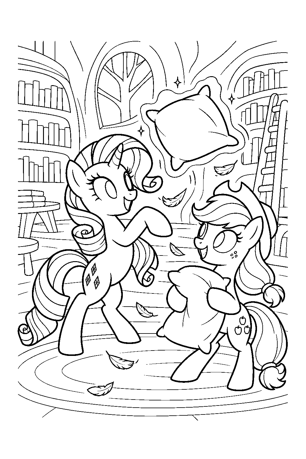 my little pony rarity and applejack having a pillow fight at twilight sparkle s library line art