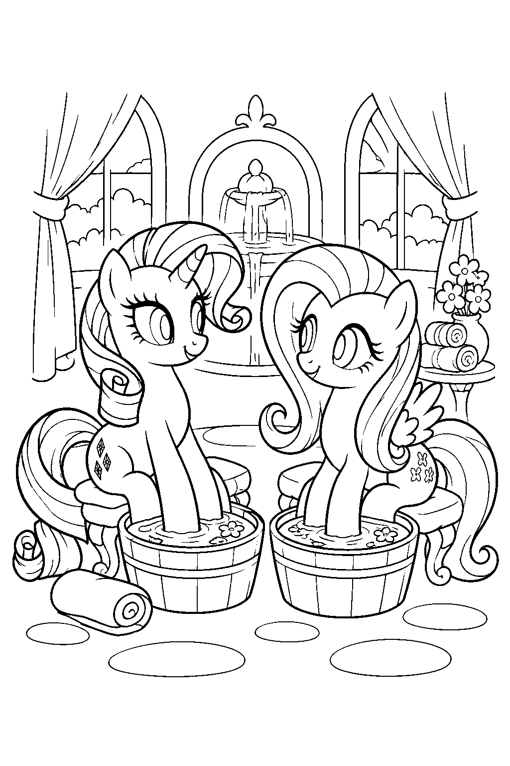my little pony rarity and fluttershy enjoying a hoof bath at the ponyville spa line art