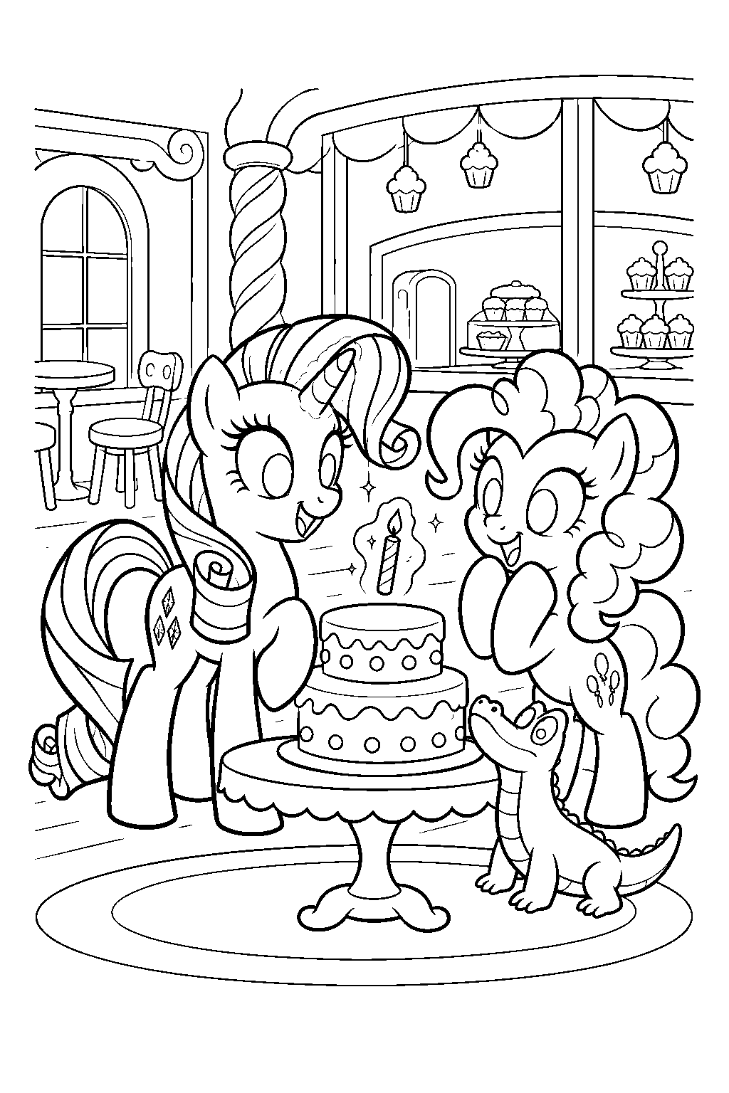 my little pony rarity and pinkie pie celebrating gummy s birthday at sugarcube corner line art