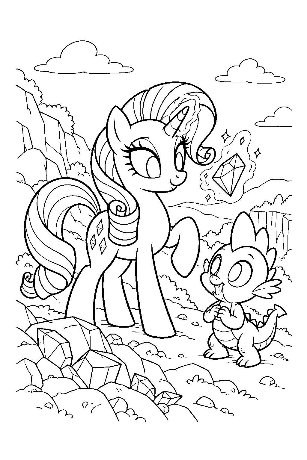my little pony rarity and spike collecting gemstones on a rocky hillside line art