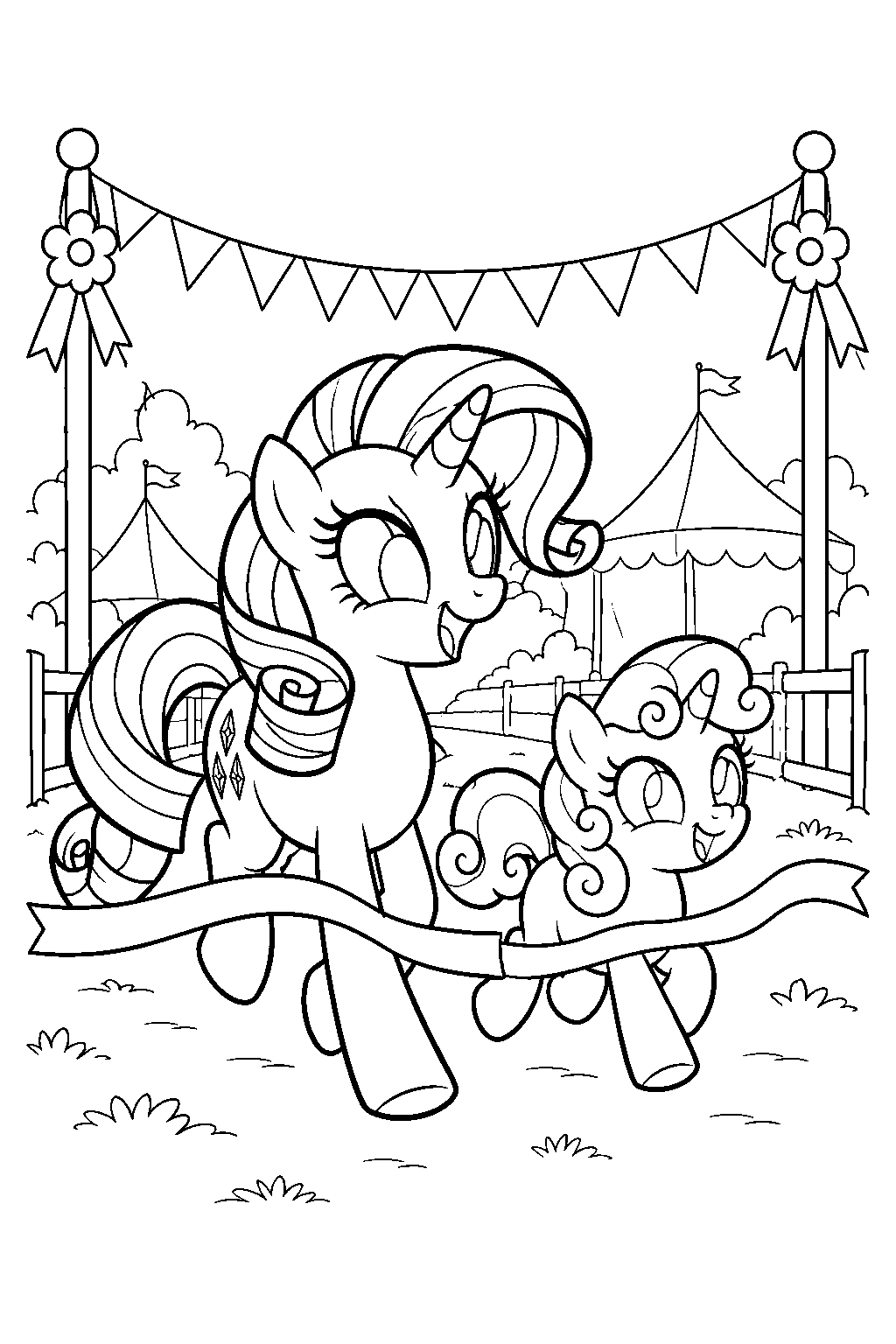 my little pony rarity and sweetie belle crossing the finish line at the sisterhooves social line art