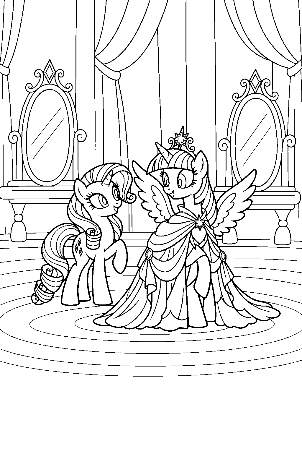 my little pony rarity and twilight sparkle unveiling the princess dress at canterlot carousel line art