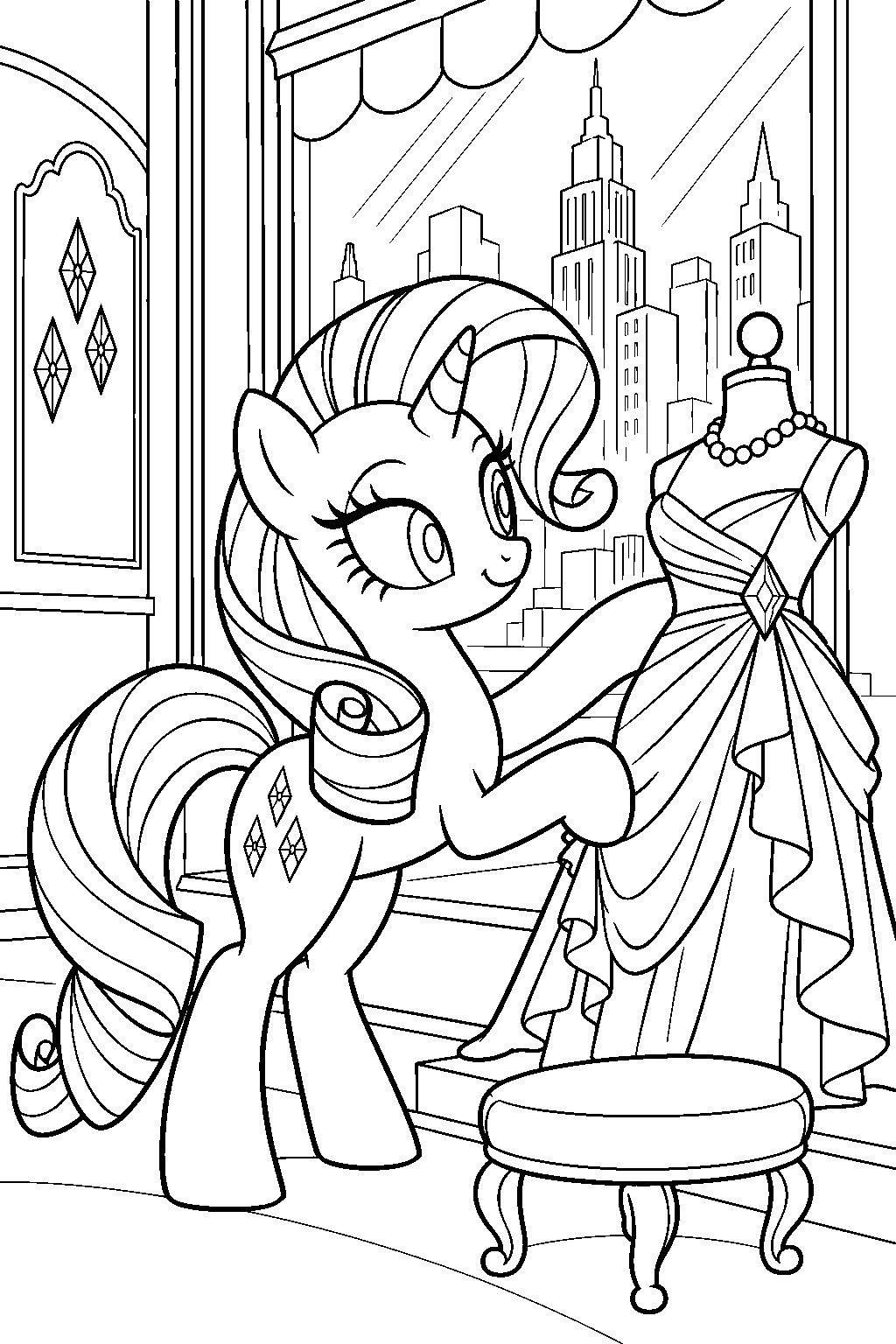 my little pony rarity arranging the window display at rarity for you in manehattan line art
