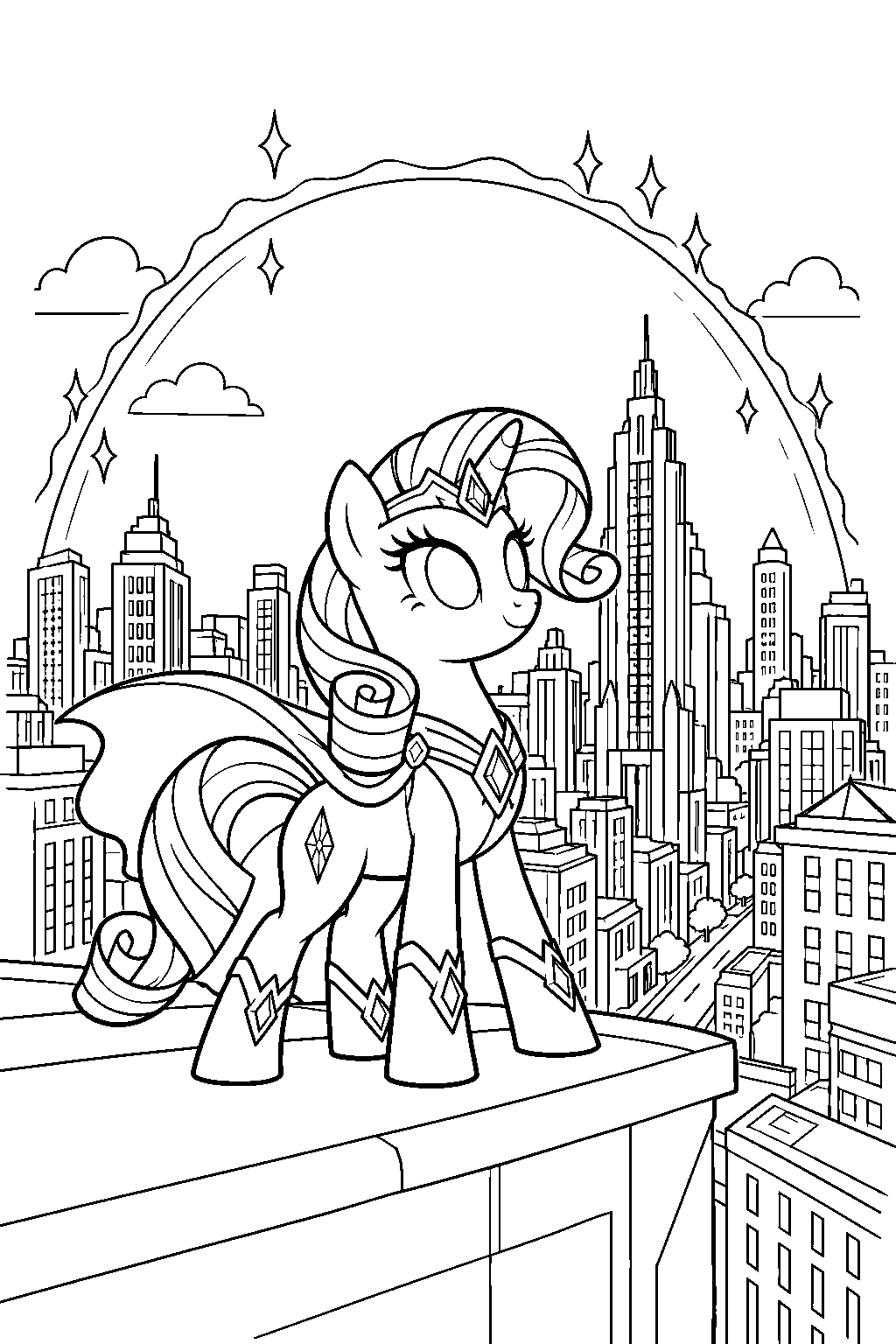 my little pony rarity as radiance creating a magical shield above maretropolis line art