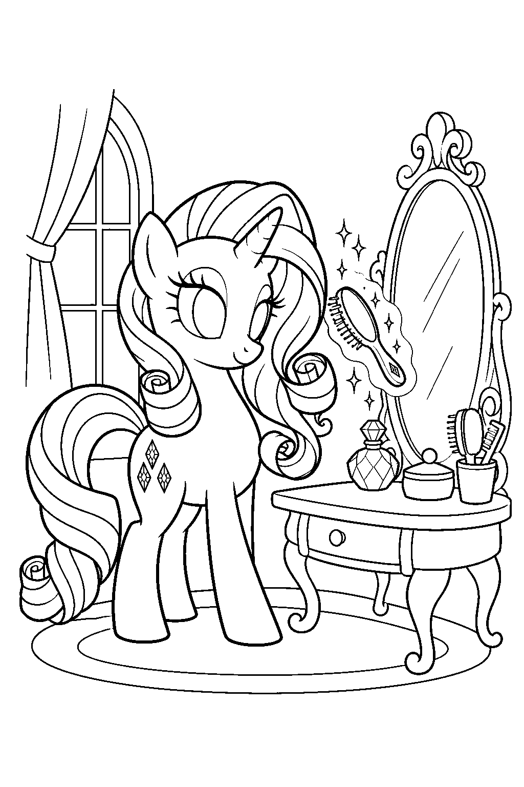 my little pony rarity brushing her curled mane at a dressing table line art