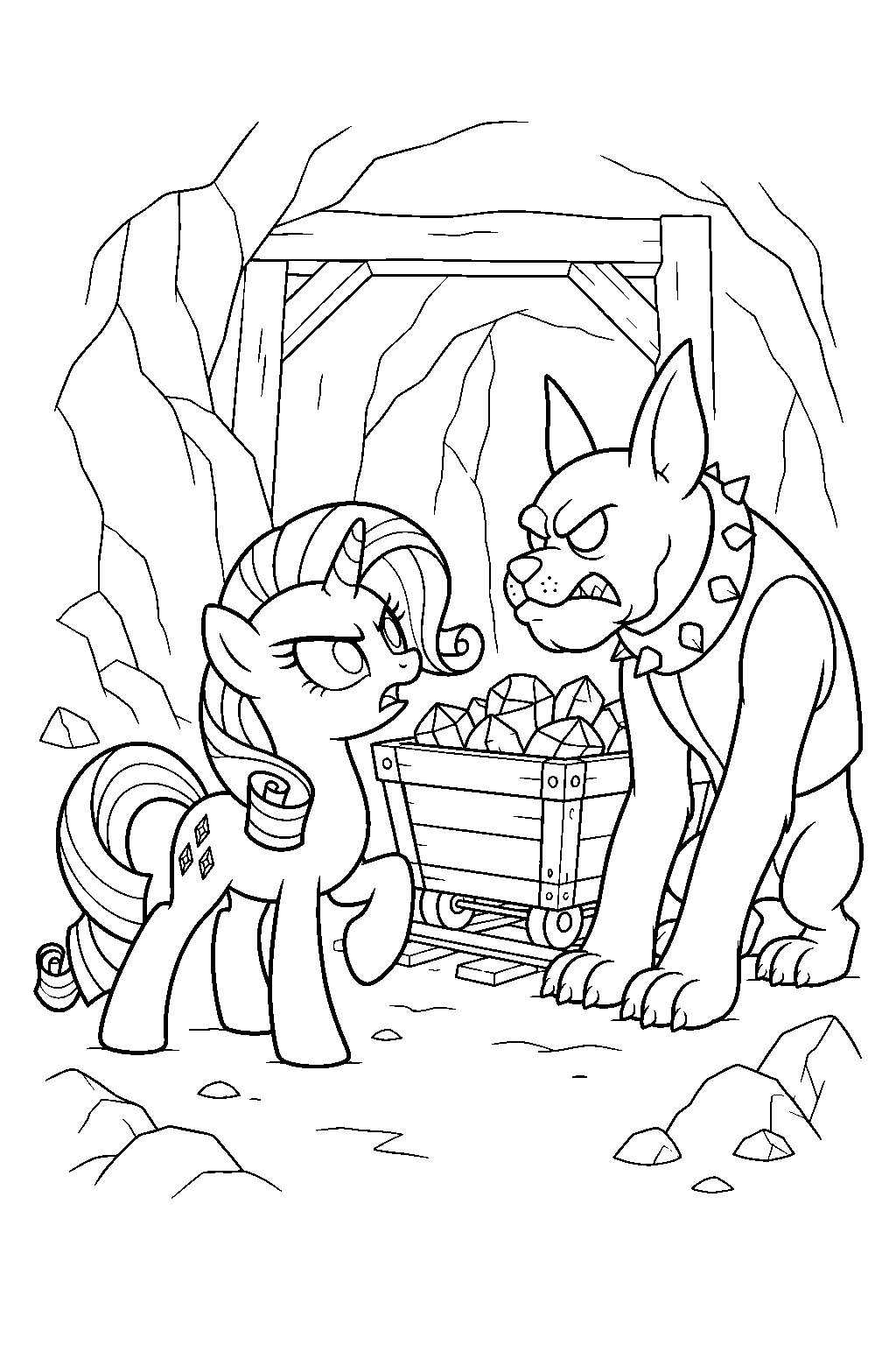 my little pony rarity confronting a diamond dog beside a gem filled mine cart line art