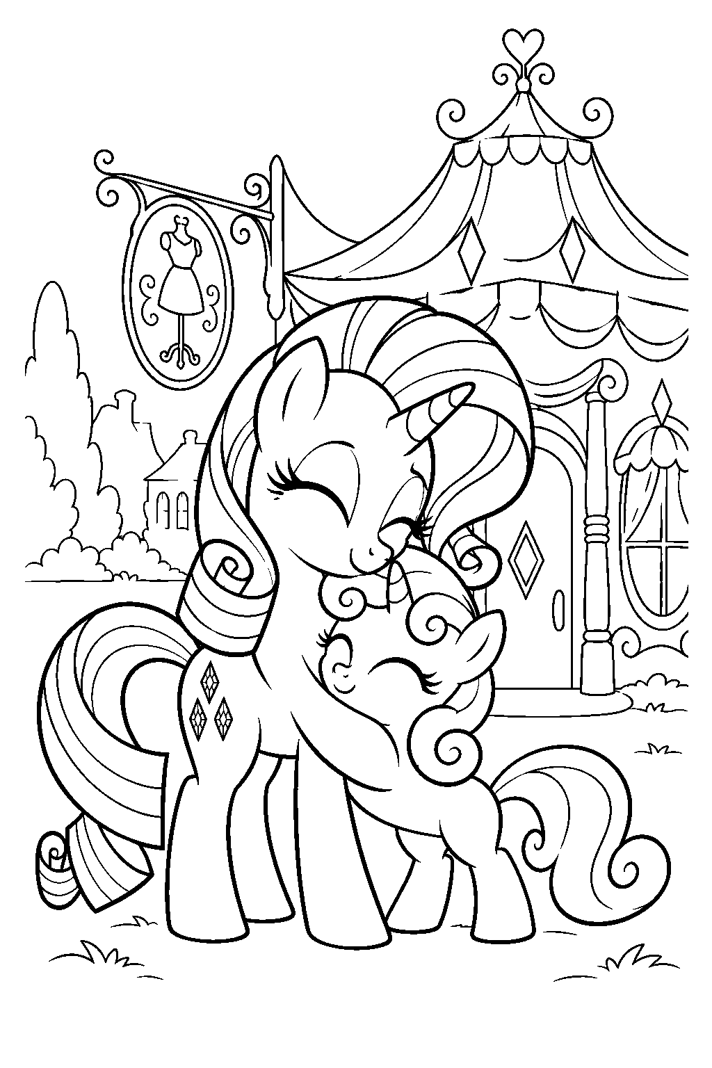 my little pony rarity hugging sweetie belle outside carousel boutique line art