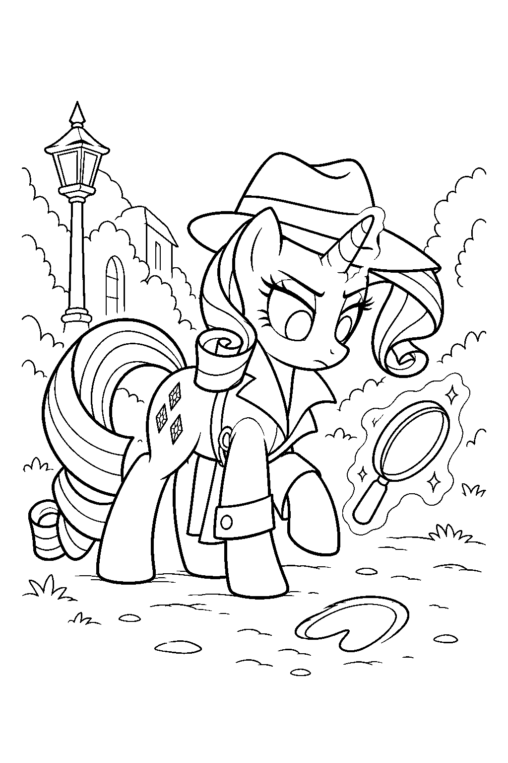 my little pony rarity in her detective hat and trench coat examining a hoofprint line art