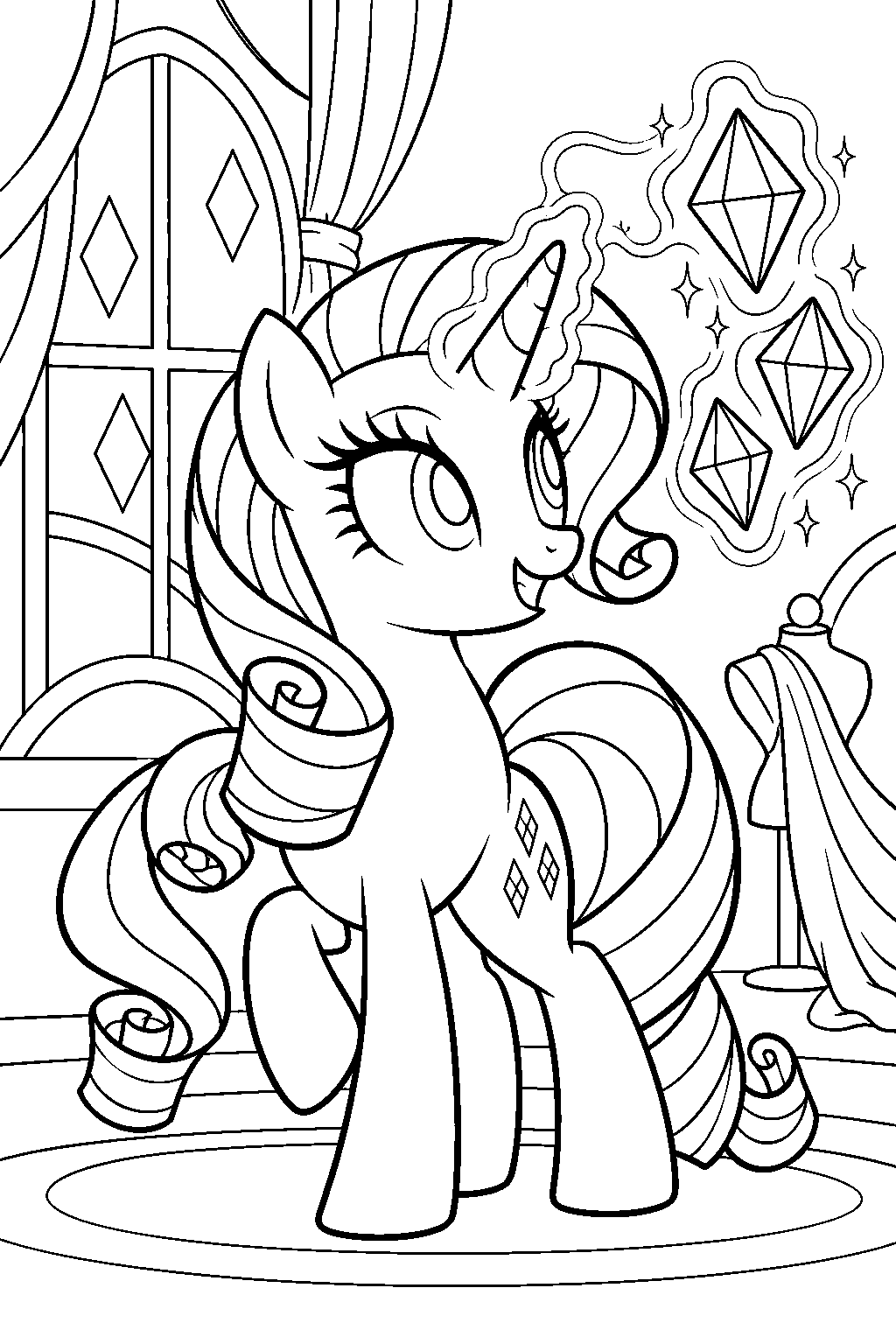 my little pony rarity levitating a cluster of diamonds with unicorn magic line art
