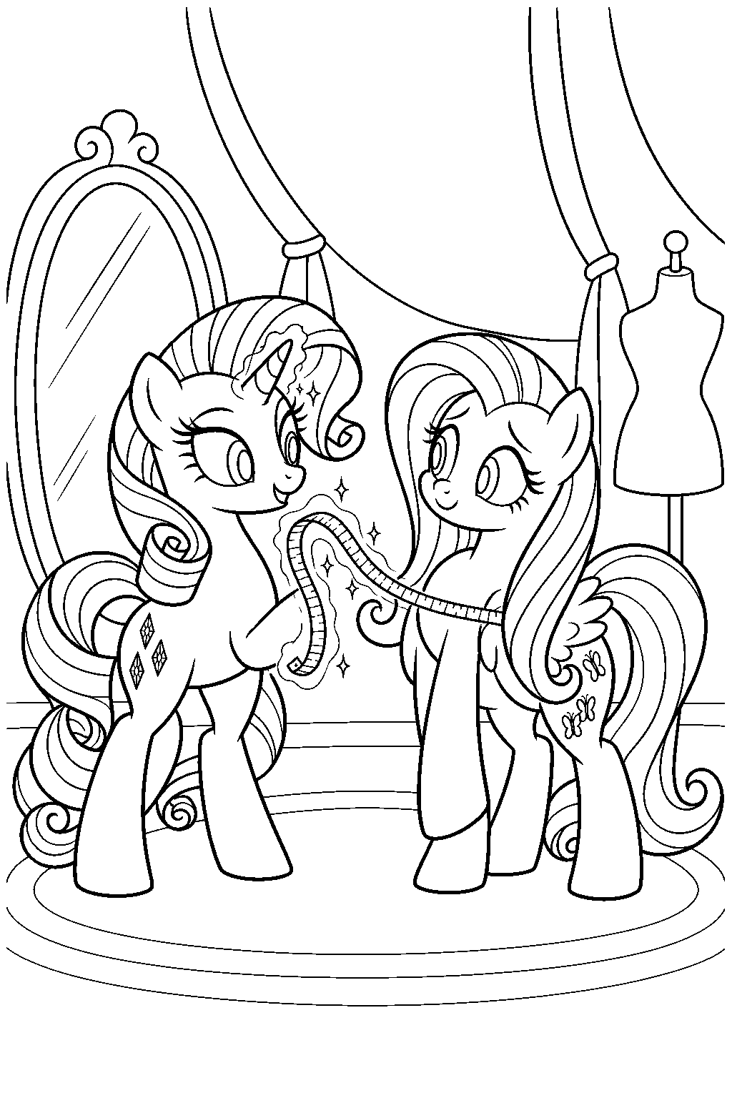 my little pony rarity measuring fluttershy for a fashion show dress line art