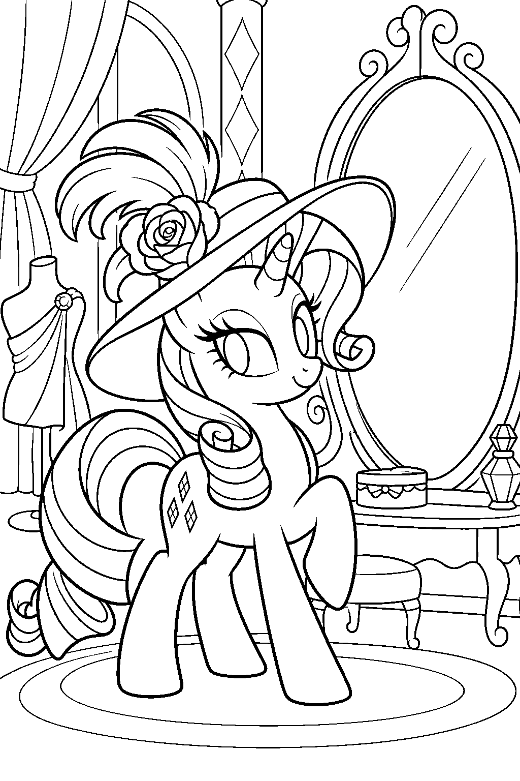 my little pony rarity modeling a wide brimmed hat in front of a boutique mirror line art