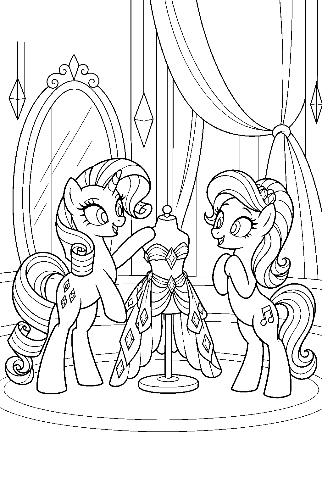 my little pony rarity presenting a gem studded stage costume to sapphire shores line art