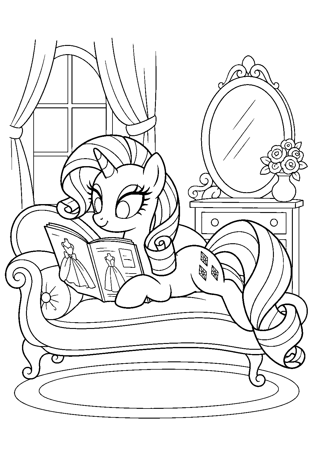 my little pony rarity reading a fashion magazine on her bedroom chaise lounge line art