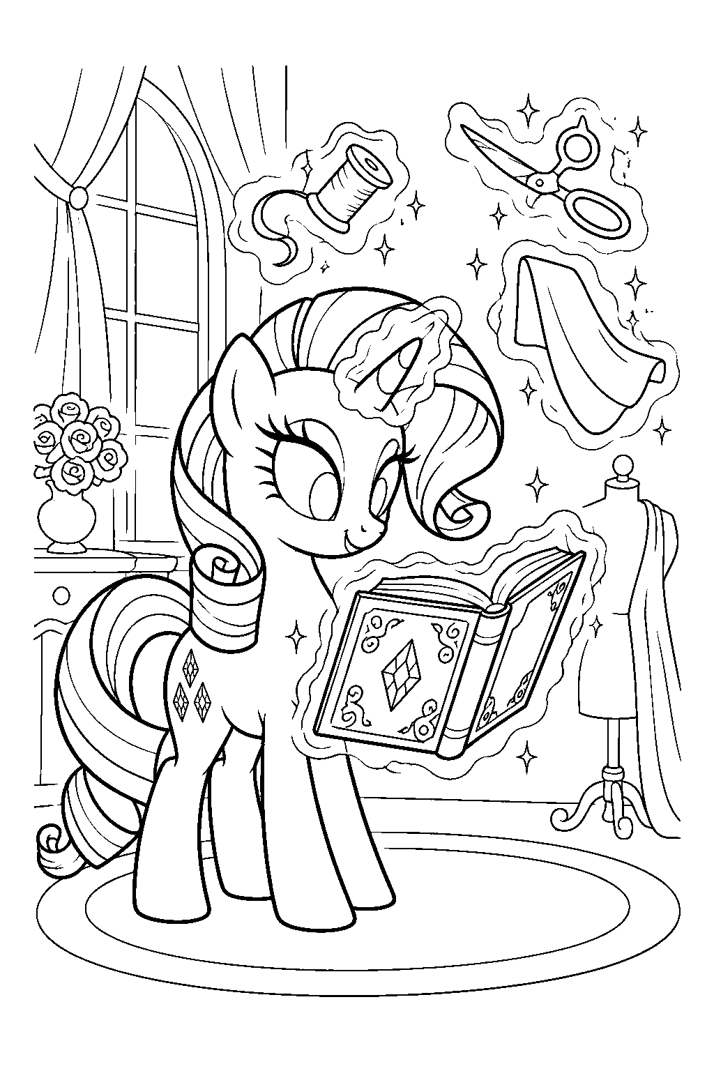 my little pony rarity reading the inspiration manifestation spellbook as enchanted decorations appear line art