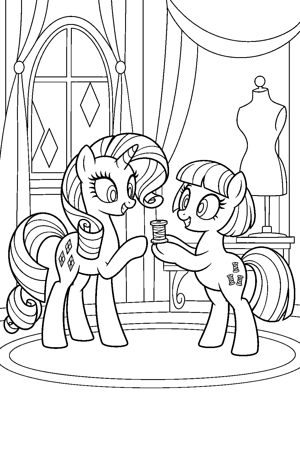 my little pony rarity receiving a spool of rainbow thread from coco pommel line art
