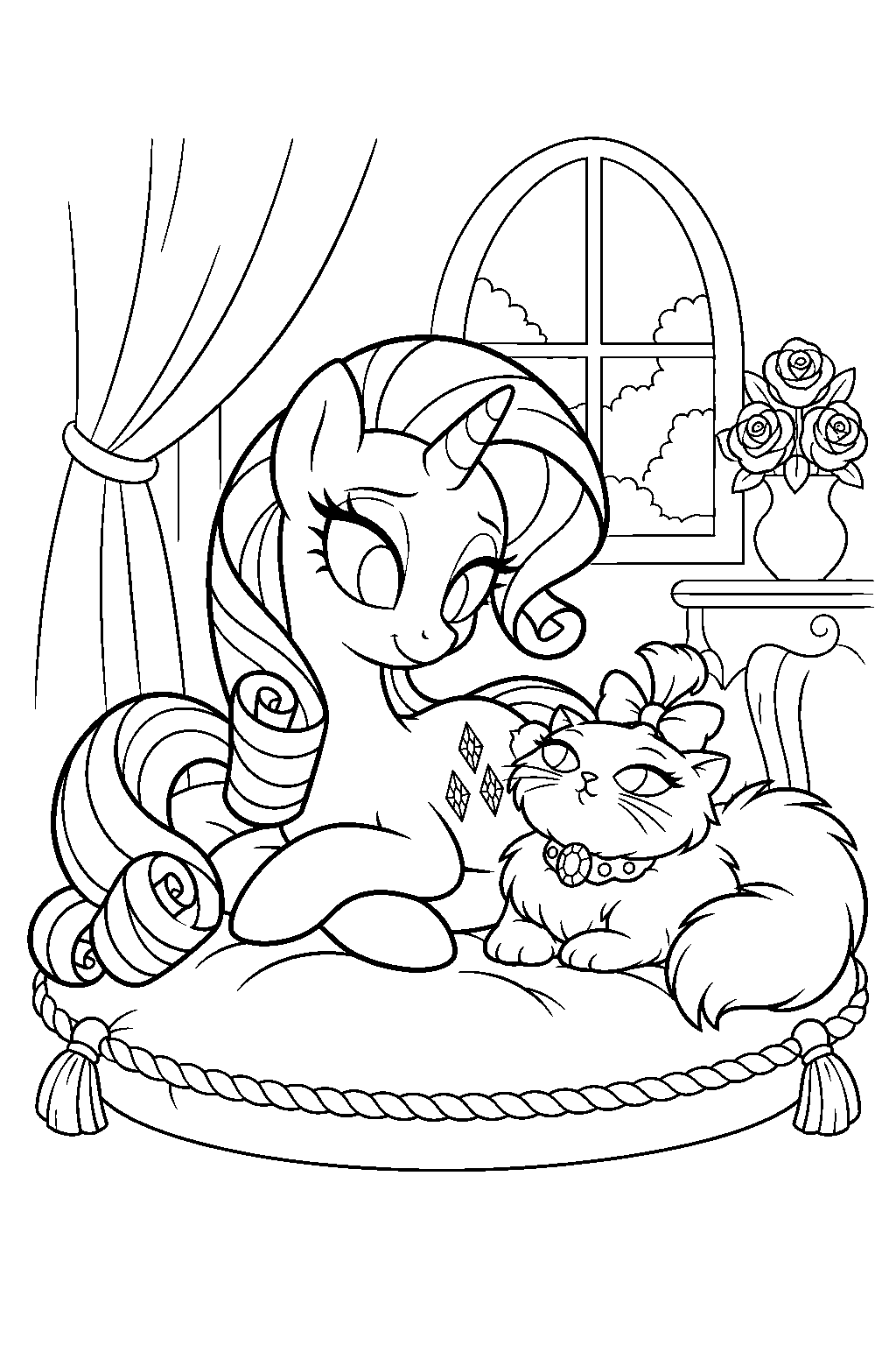 my little pony rarity relaxing on a cushion beside her cat opalescence line art
