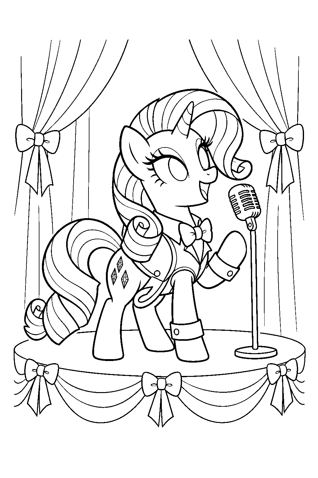 my little pony rarity singing in her pony tones outfit at a charity concert line art