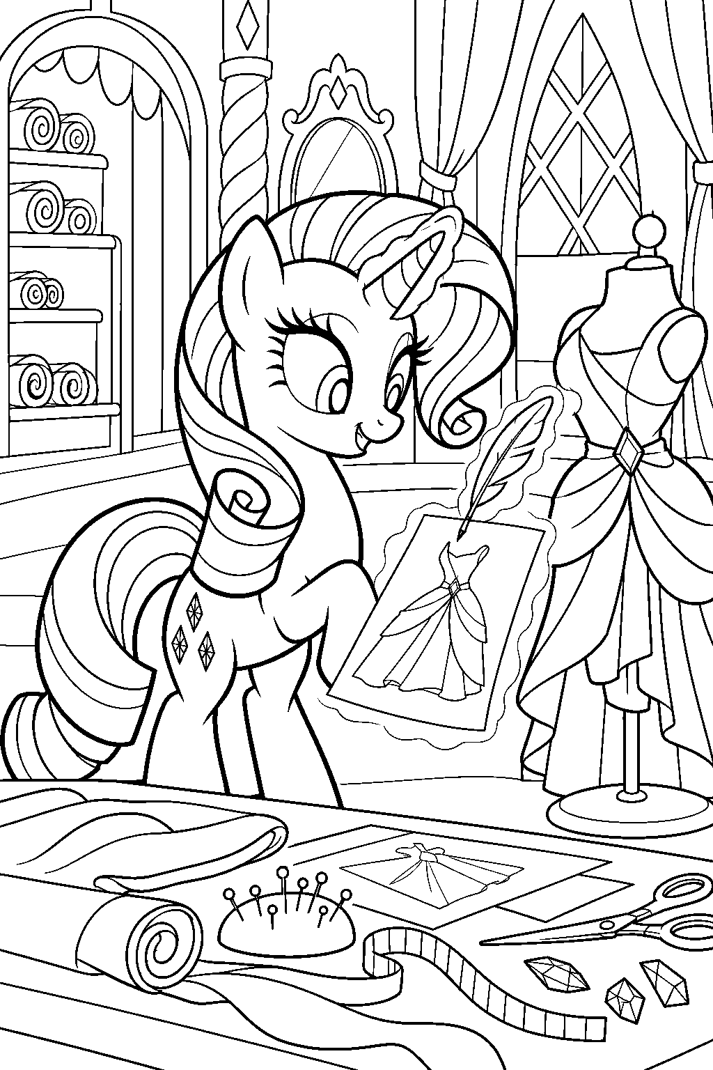 my little pony rarity sketching a new dress at carousel boutique line art