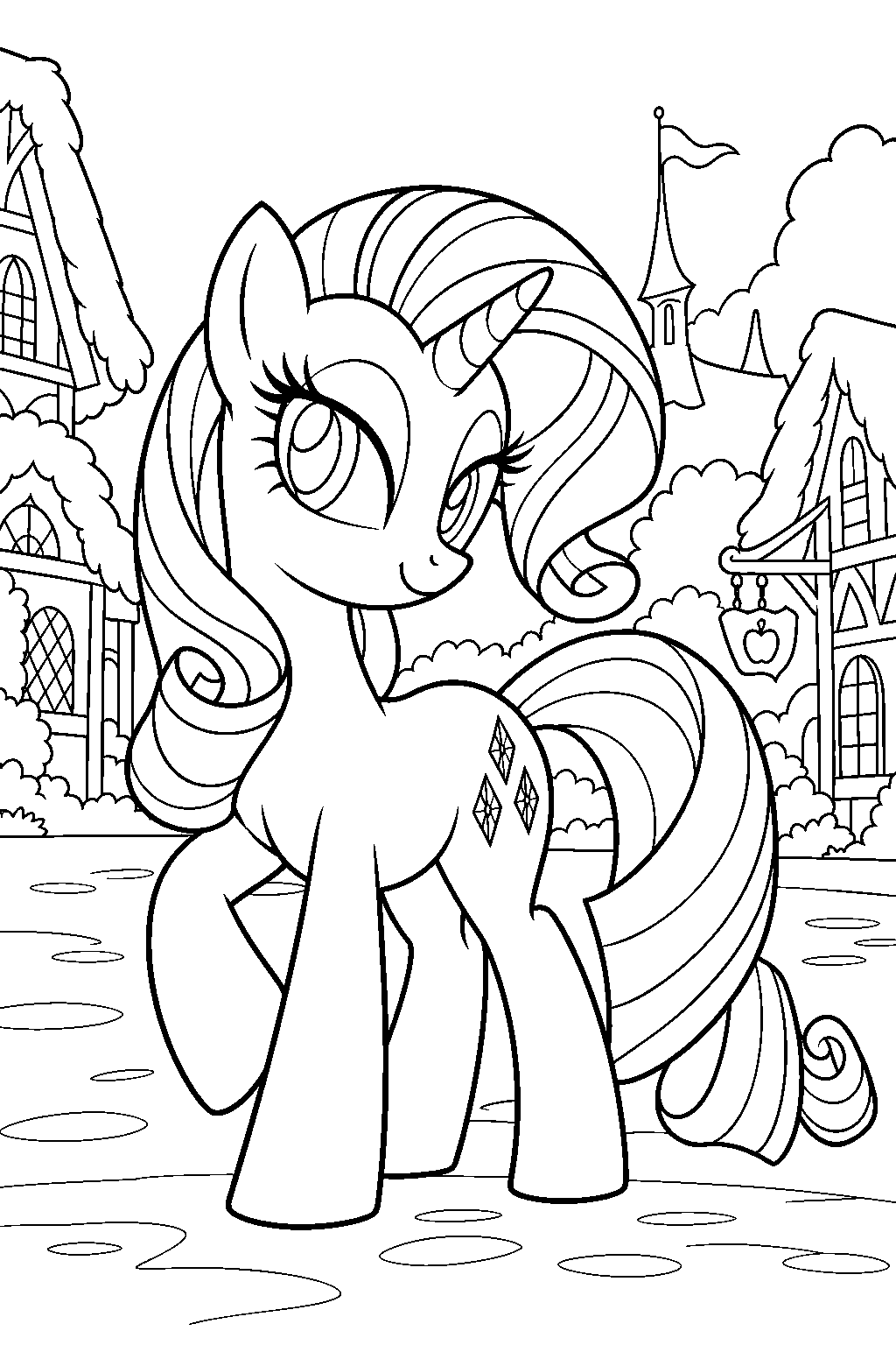 my little pony rarity standing in ponyville with her three diamond cutie mark visible line art