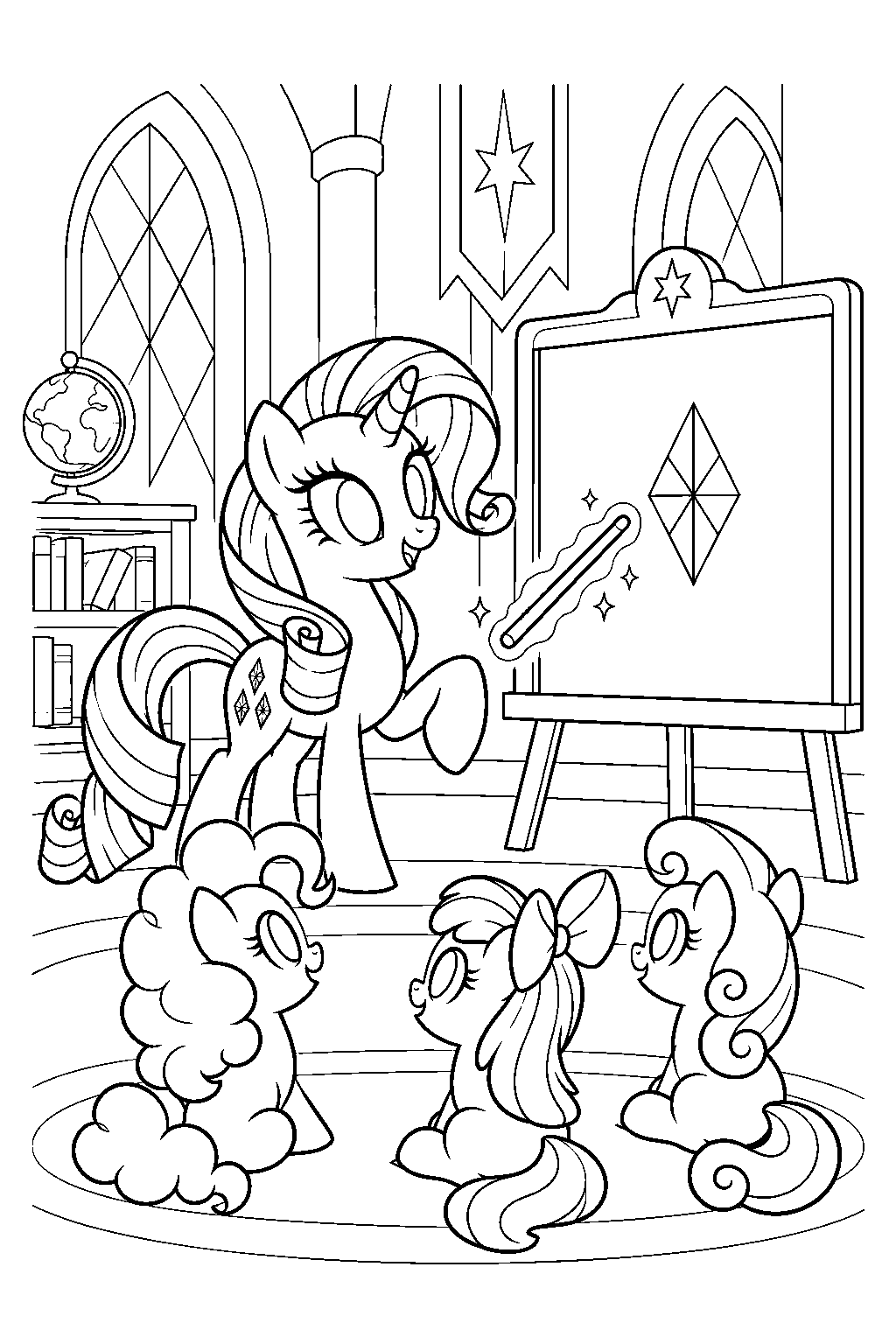my little pony rarity teaching a generosity lesson at the school of friendship line art