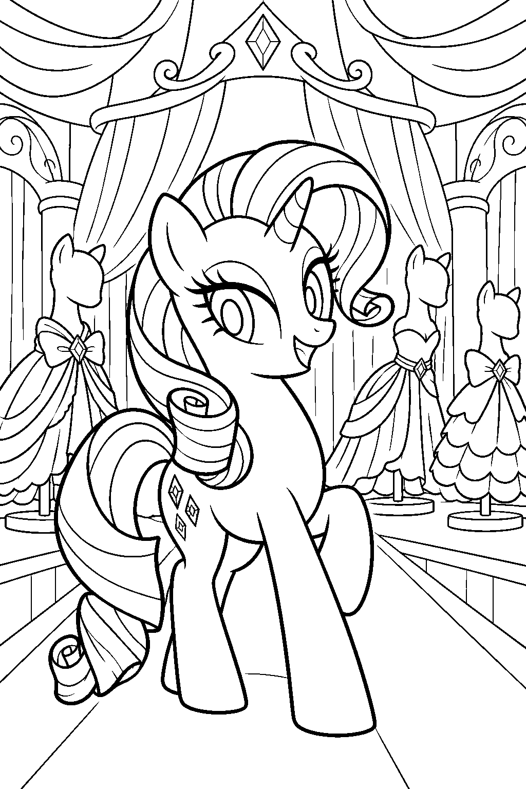 my little pony rarity unveiling her dress collection on the carousel boutique runway line art