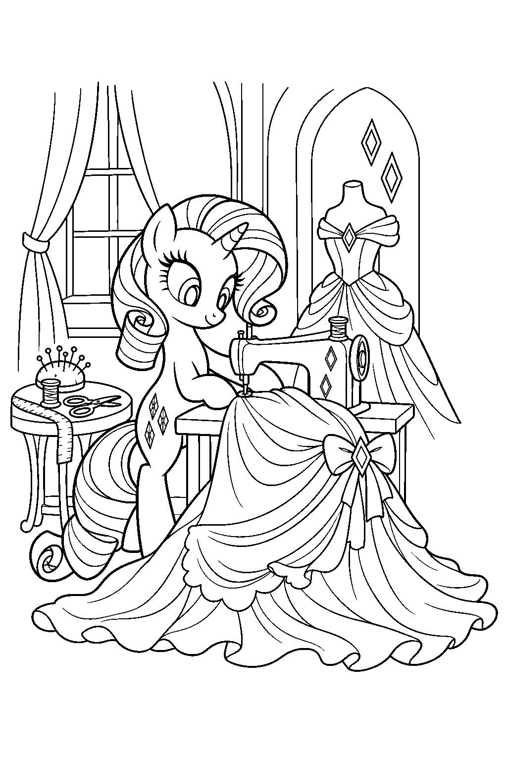 my little pony rarity using a sewing machine to make a gown line art