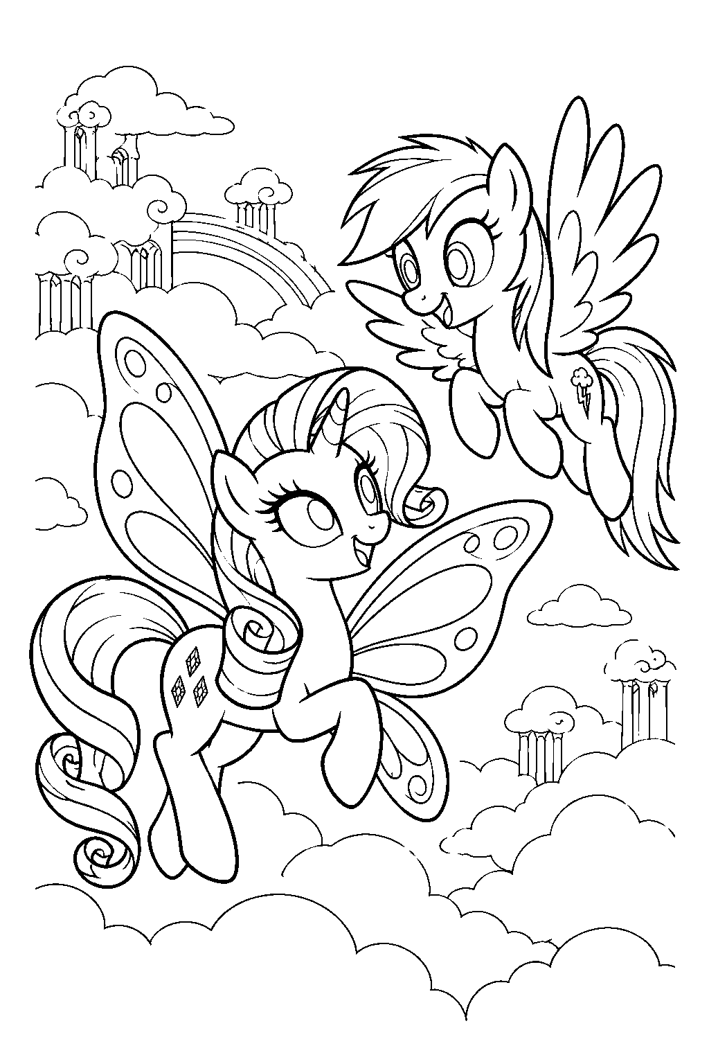 my little pony rarity visiting cloudsdale with rainbow dash and magical butterfly wings line art