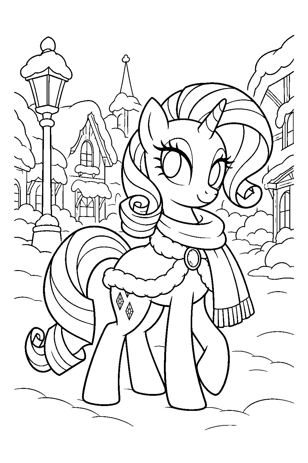 my little pony rarity wearing a winter cape and scarf on a snowy ponyville street line art