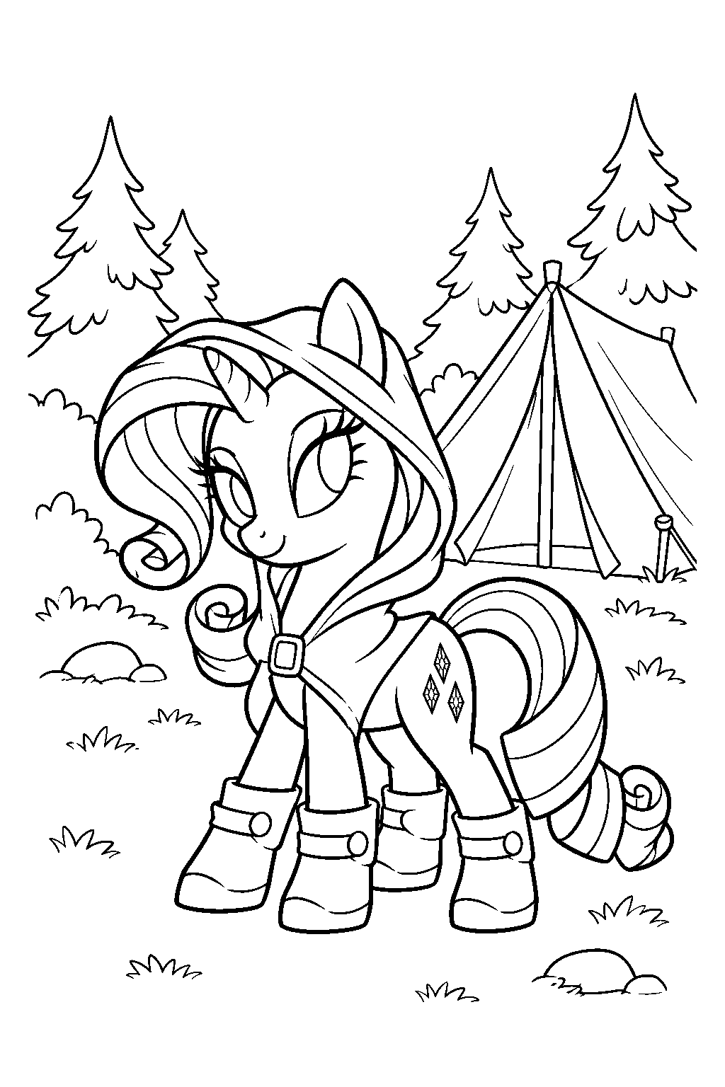 my little pony rarity wearing her camping outfit beside a forest tent line art