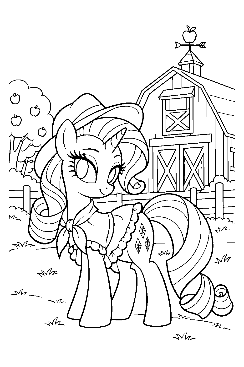 my little pony rarity wearing her country dress beside the sweet apple acres barn line art