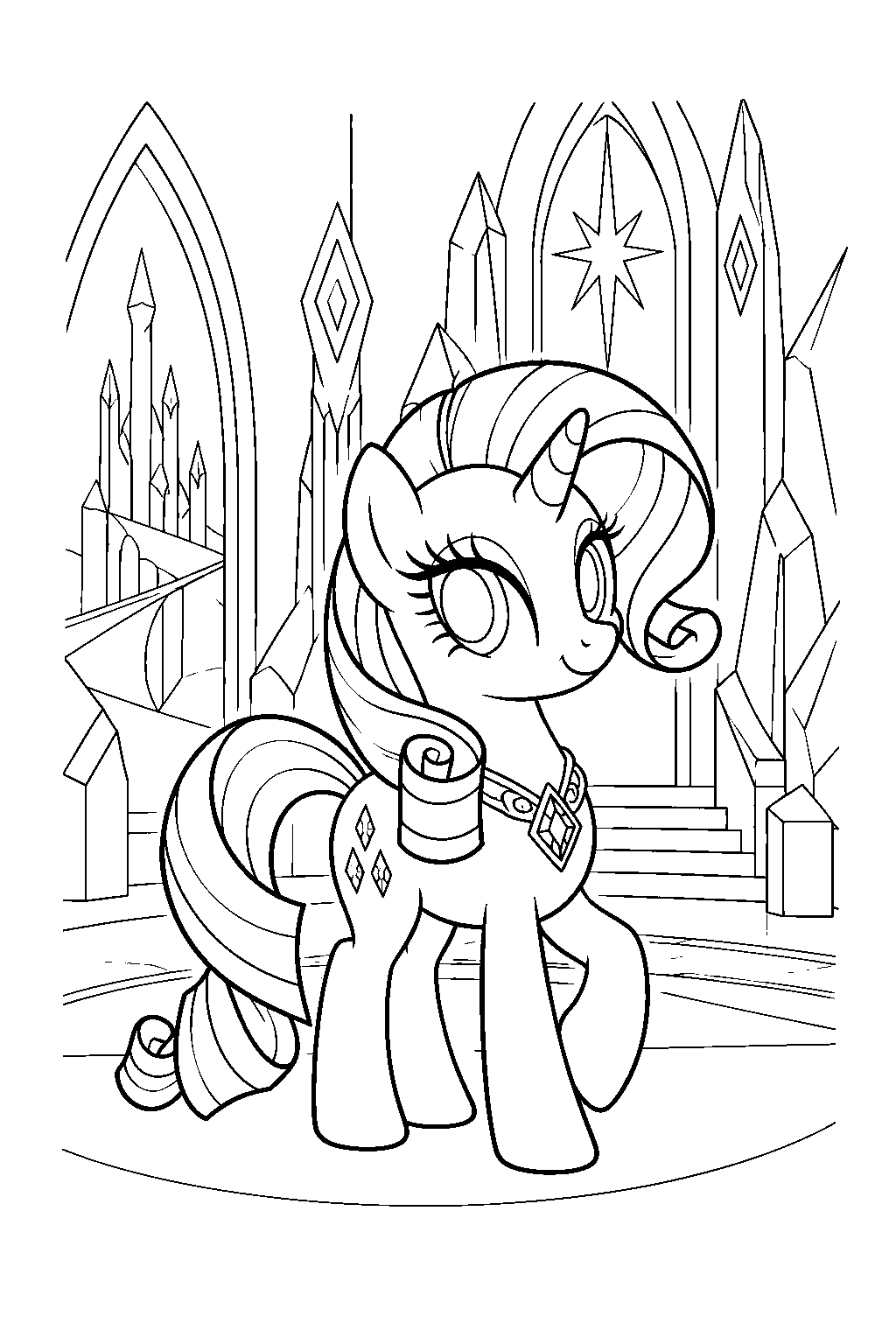 my little pony rarity wearing her element of generosity necklace at the castle of the two sisters line art