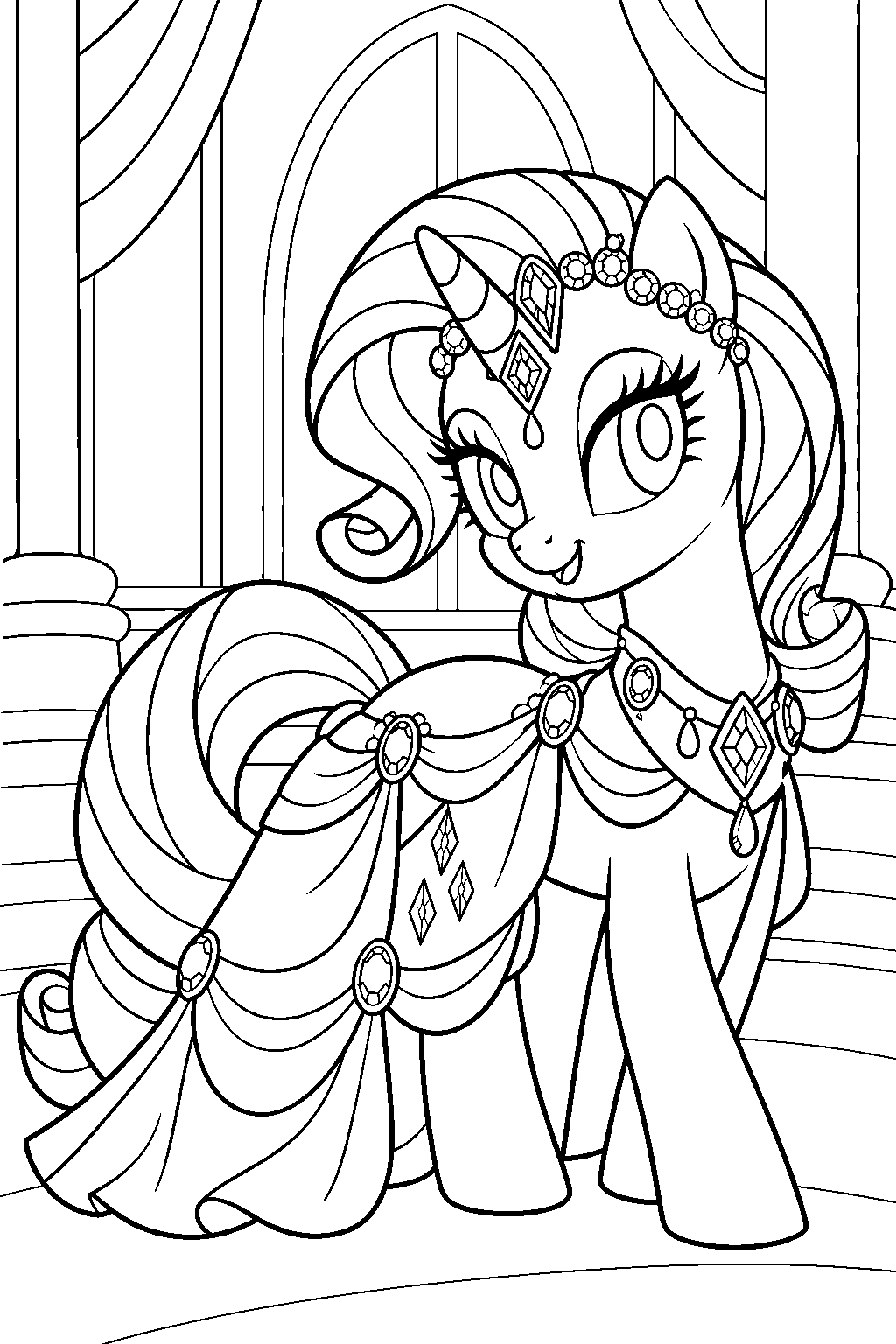 my little pony rarity wearing her grand galloping gala gown and jeweled headdress line art