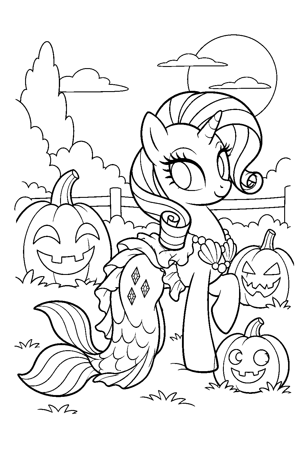 my little pony rarity wearing her mermare costume beside nightmare night pumpkins line art