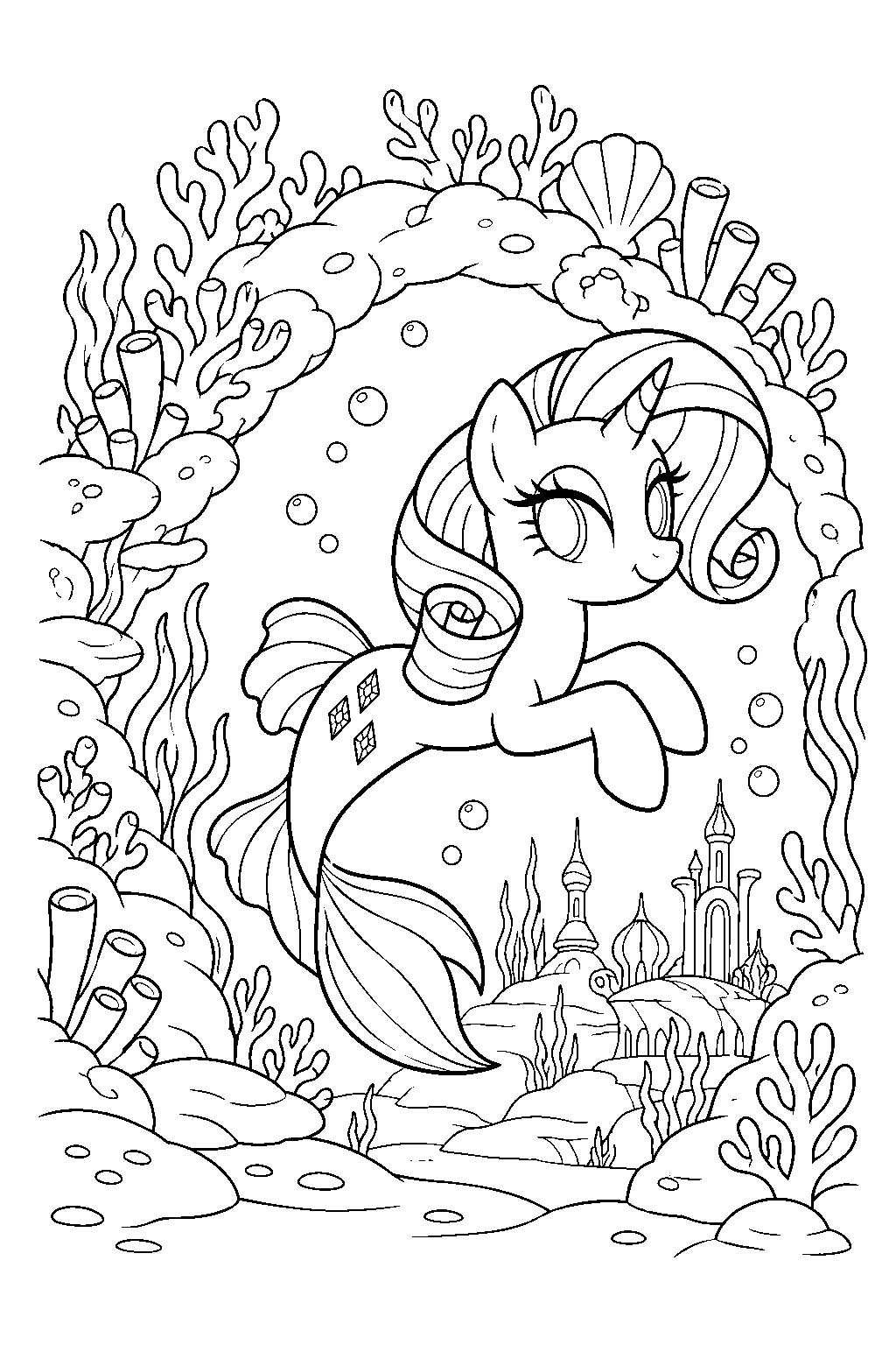 my little pony seapony rarity swimming through a coral arch in seaquestria line art