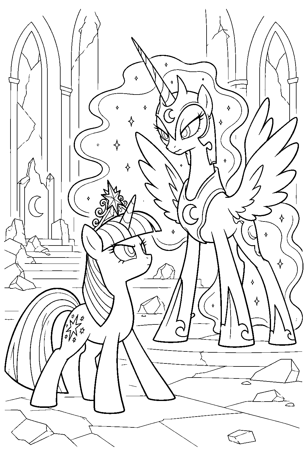 twilight sparkle activating her element of magic crown before nightmare moon in the castle of the two sisters line art