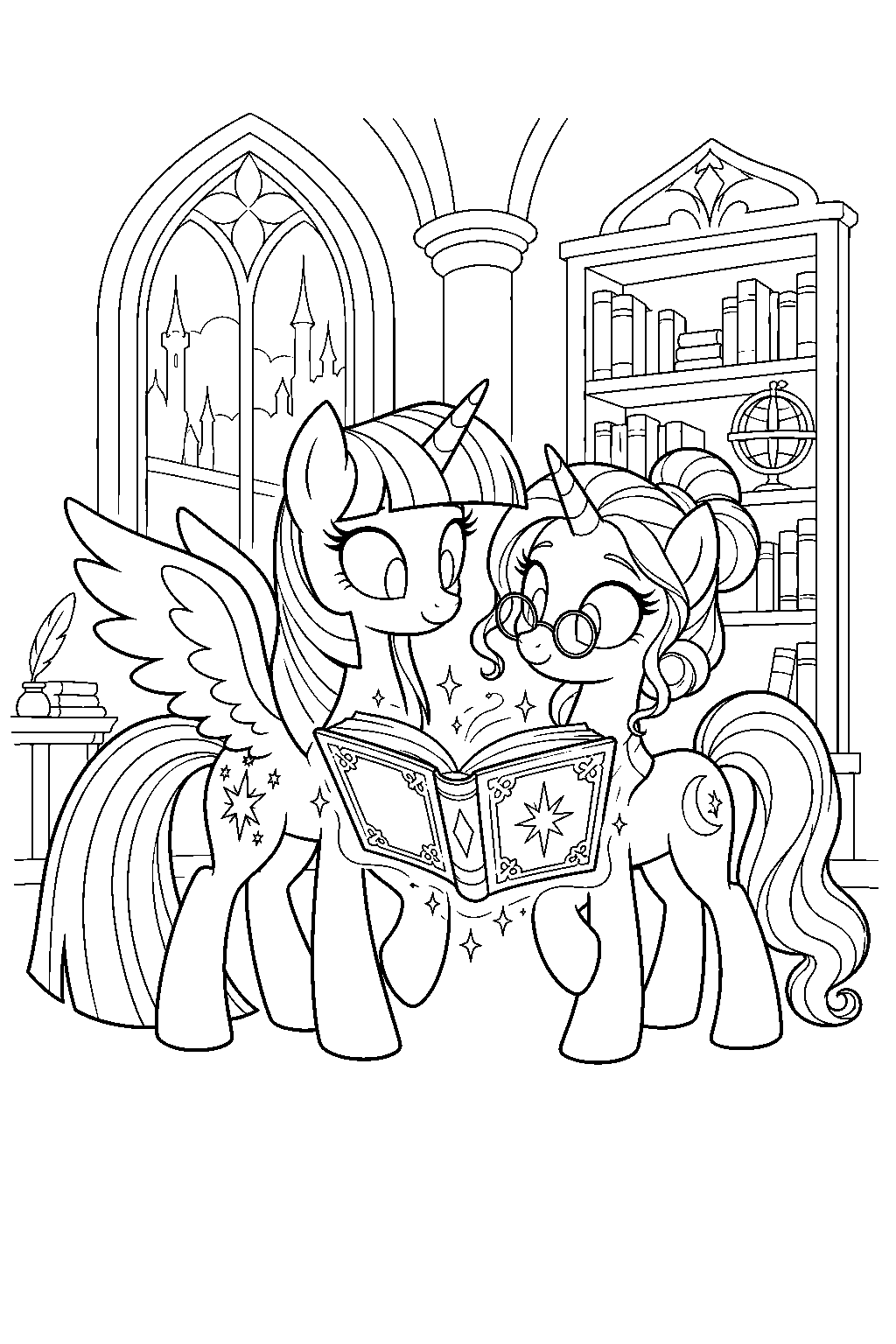 twilight sparkle and moon dancer sharing a magic book in her old canterlot study line art