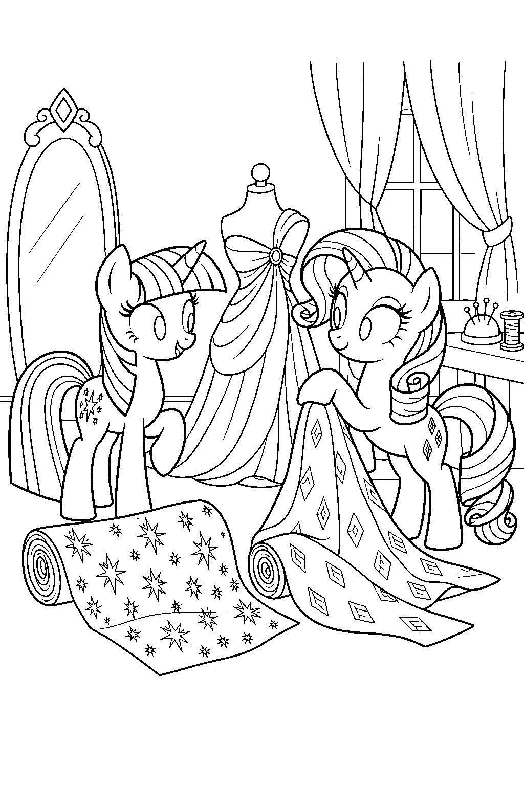 twilight sparkle and rarity choosing fabric for her gala dress at carousel boutique line art