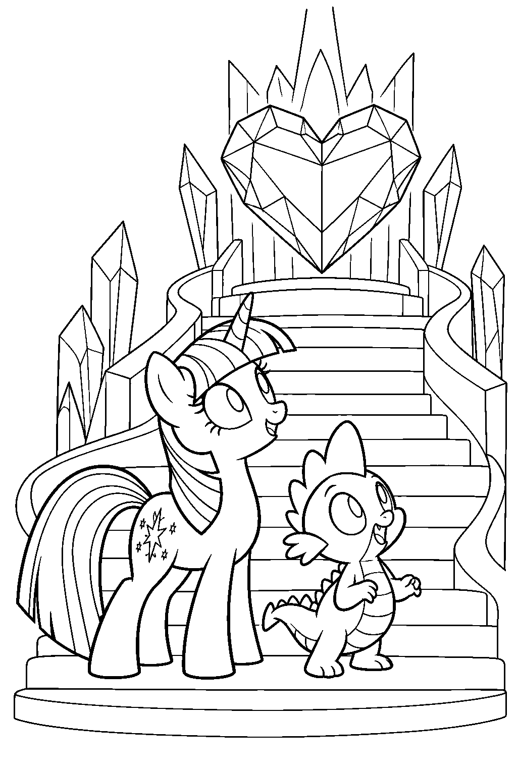 twilight sparkle and spike discovering the crystal heart at the top of the palace s secret staircase line art