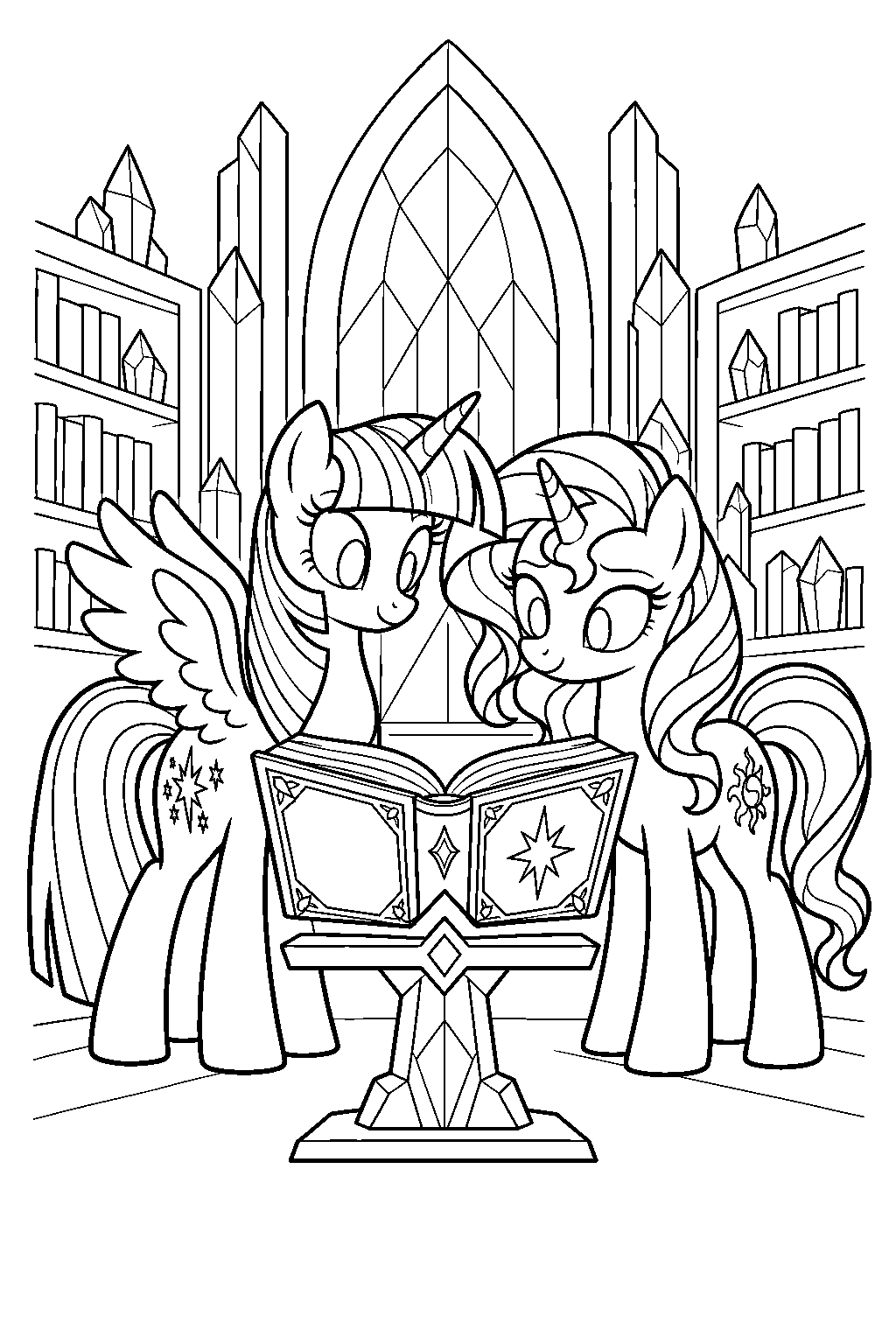 twilight sparkle and sunset shimmer studying a magical journal in the castle library line art