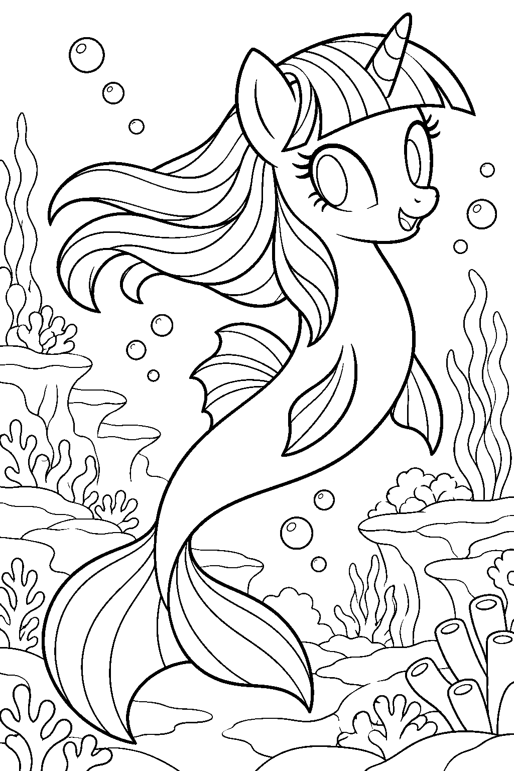 twilight sparkle as a seapony swimming through the coral gardens of seaquestria line art